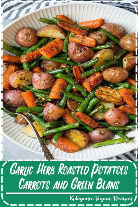 Cut the potatoes in half or quarters (if they're large) and place in a mixing bowl. " Garlic Herb Roasted Potatoes Carrots and Green Beans ...