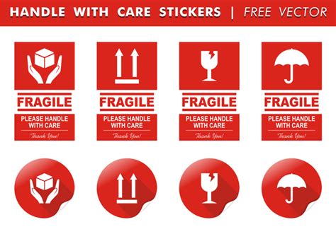 Design features a red background with white text. Handle With Care Stickers Free Vector - Download Free Vector Art, Stock Graphics & Images