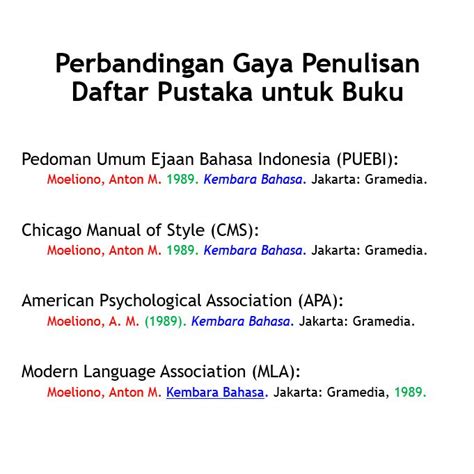 Dalam gaya apa, anda hanya menggunakan buat kutipan dalam teks pada kalimat yang memuat informasi rujukan. Ivan Lanin on Twitter: "Perbandingan gaya penulisan daftar ...