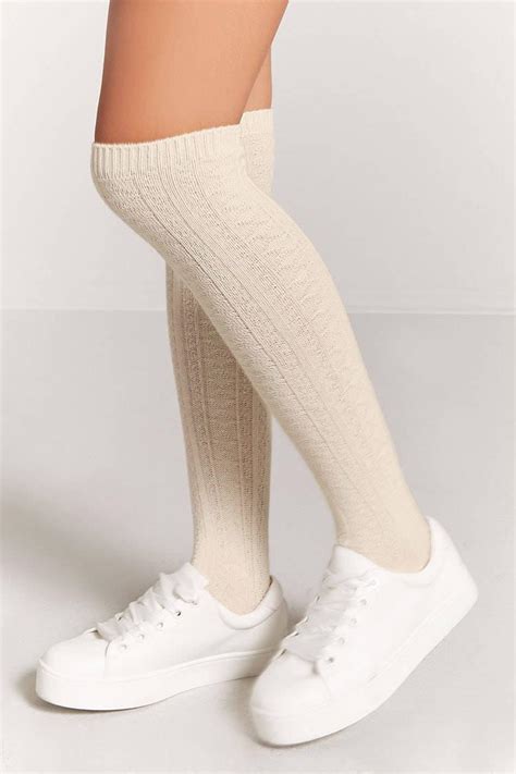 Bold stripes and patterned tights meet floral lace socks across a comprehensive collection of leg wear. Forever 21 Cotton Cable Knit Over-the-knee Socks in Cream ...