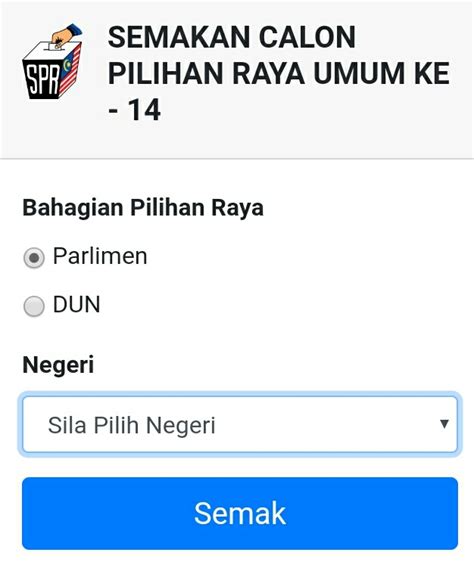 Terdapat 2 kaedah semakan yang boleh dibuat iaitu secara individu, ataupun isirumah dimana semakan pemilih dapat dibuat kepada semua isirumah yang layak. Semakan Senarai Calon PRU 14 2018 BN PAS PKR DAP AMANAH ...