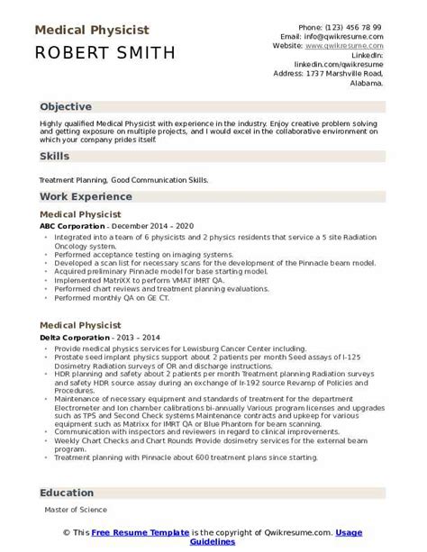Need help creating a medical assistant resume that'll wow hiring managers? Medical Physicist Resume Samples | QwikResume