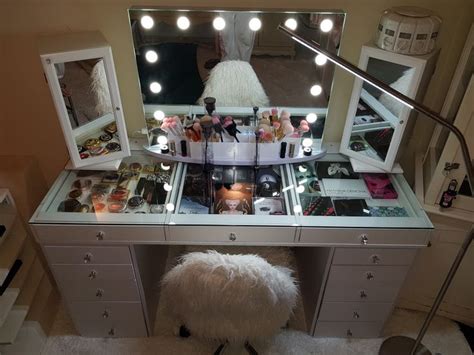 This set includes the vanity with clear glass top , stool and mirror with. My "Slaystation" 2.0 Glass Top Vanity Table paored with ...