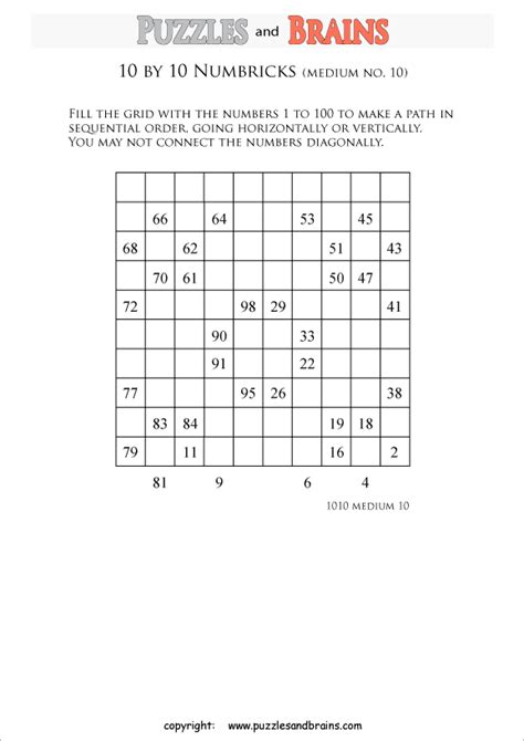 These quality crossword and sudoku puzzles are guaranteed to do both, and you won't have to buy a newspaper or puzzle book. Printable 10 by 10 medium level Numbrix logic puzzles for ...