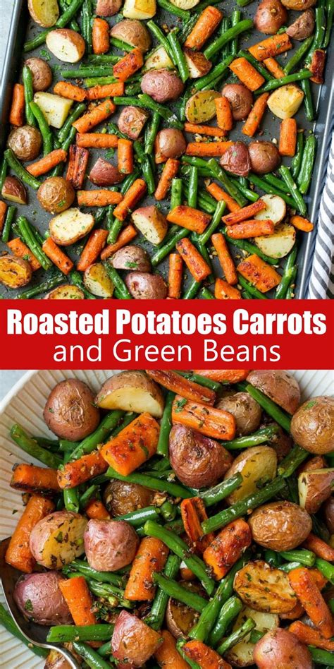 This simple side dish of roasted potatoes, green beans and carrots is perfect to pair with any protein for dinner. Garlic Herb Roasted Potatoes Carrots and Green Beans ...