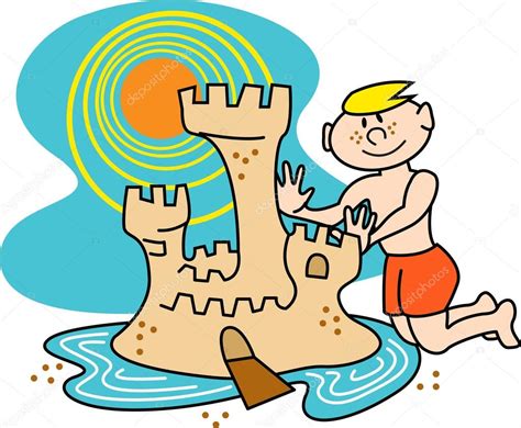 Royalty free stock clip art and vector graphics. Boy building a sand castle with a moat on the beach ...