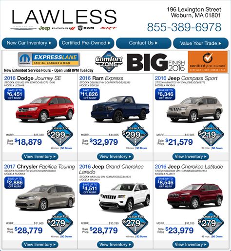 Opening and closing times for stores near by. Lawless Chrysler Jeep Dodge Ram New Car Specials - Dealer ...