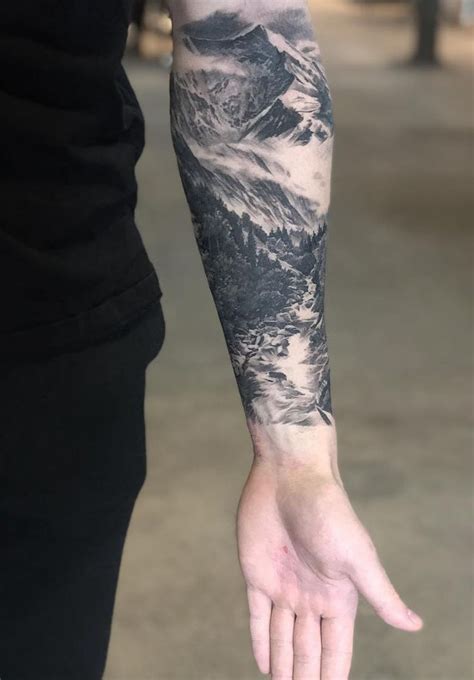 The forest is a mystical and lovely choice for both ladies and gents. Mountain stream forearm tattoo | Cool forearm tattoos ...