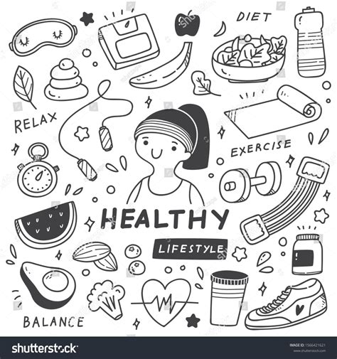 (muscular strength, muscular endurance, body composition, flexibility and cardio respiratory endurance). Set of Healthy Lifestyle in doodle style illustration # ...