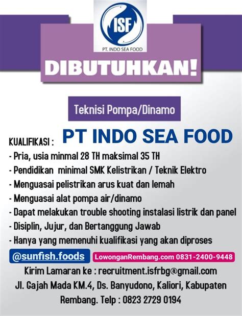 Kabar gembira bagi anda yang ingin bekerja keluar negeri. SEGERA Lamar Lowongan Kerja Teknisi Pompa Dinamo PT Indo Sea Food Banyudono Kaliori Rembang