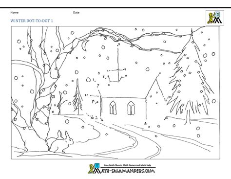 Mitten, hot coca, bear, boots, scraf, hat, 3 snowflakes, and snowman. Dot to Dot Coloring Pages up to 20