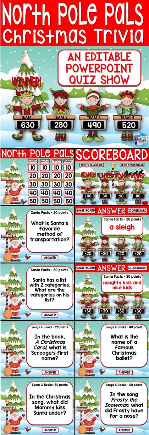 Sep 25, 2021 · here are 50 fun christmas trivia questions with answers, covering christmas movie trivia, holiday songs, and traditions for adults and kids. This Christmas Trivia Game or Quiz Show has sound effects, music, and a self-scoring scoreboard ...