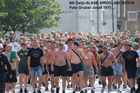 Supportes of slask wroclaw in action. NK Celje - Śląsk Wrocław 02.07.2015