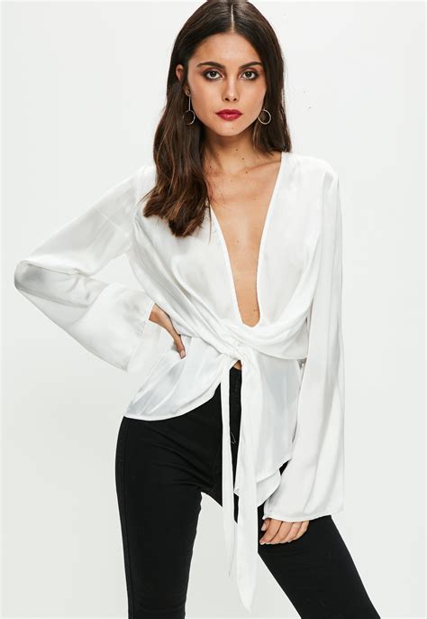 You can also filter out. Missguided White Satin Chiffon Drape Blouse - Lyst