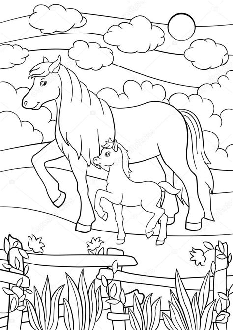Paard met veulen kleurplaat van een paard met haar veulen. Kleurplaten. Boerderijdieren. Moeder paard met veulen ...