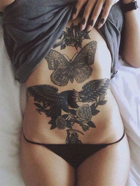 Lower tattoos, stomach tattoos, tattoos edit. Eagle with Flower and Butterfly Stomach Tattoo | Stomach ...