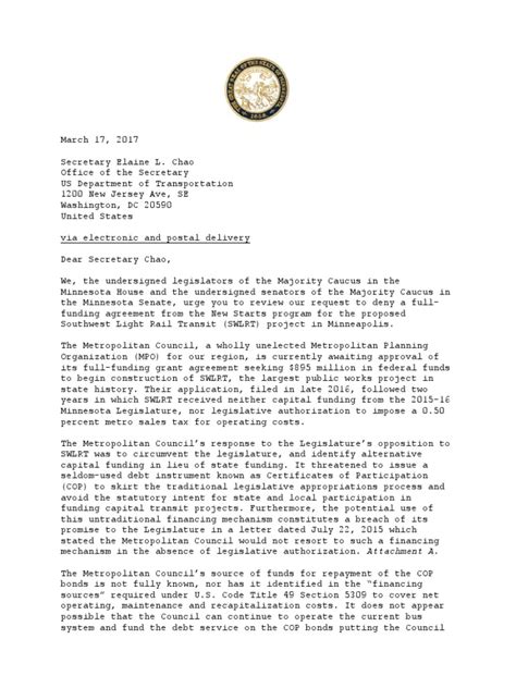 A complaint letter is simple to compose on the grounds that there are sample letters that can direct you. Letter to Transportation Secretary Elaine Chao | Environmental Impact Assessment | Mark Dayton