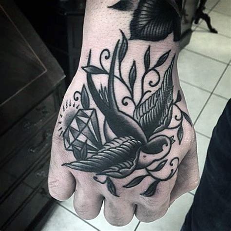 But the best choice would be skin tone: Old school style black ink bird with diamond tattoo on ...