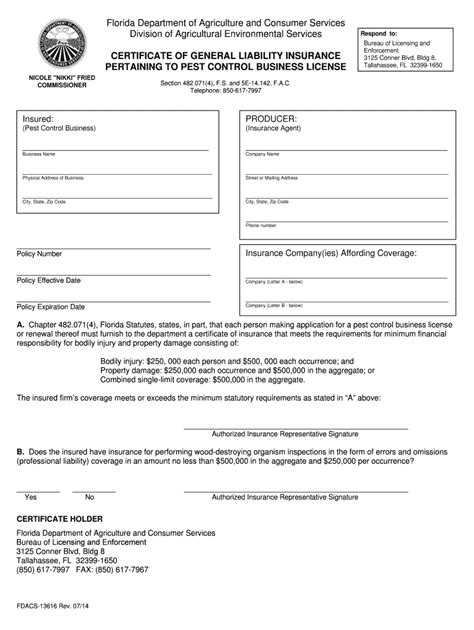 August 15 the chart below summarizes state medical liability/medical malpractice laws regarding the following provisions health care providers pay surcharge of insurance premiums into fund. FL FDACS-13616 2014 - Fill and Sign Printable Template Online | US Legal Forms