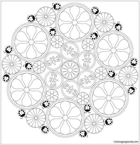 Real nice, pretty contrasting colors, i love the different choices of coloring pages, but zooming. Flowers and Ladybugs Mandala Coloring Page - Free Coloring ...