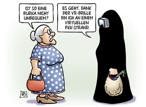 Peki ya burka nasıl bir şey, burkayı giyen ve giymeyen ülkeler hangileri? Burka und VR von Harm Bengen | Politik Cartoon | TOONPOOL