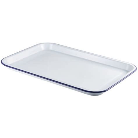 It's made from strong steel coated with tough enamel; Enamel Serving Tray White with Blue Rim 33.5 x 23.5 x 2 ...