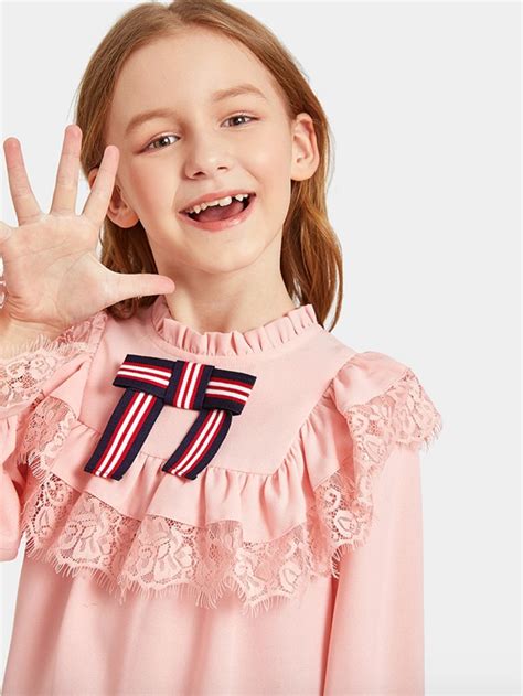 EMMA - Детска официална блуза Ruffle Trim Flounce Sleeve Blouse With Bow