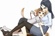 1boy 1girl difference age safebooru hair leash child blush fours respond edit skirt brown