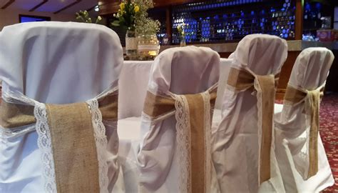 Organza chair sashes, satin chair sashes, spandex bands. Hessian and Lace Chair Sashes | Specialist Event Company