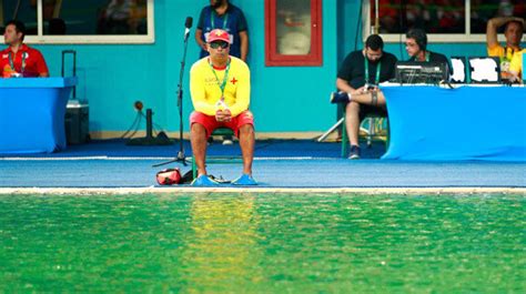 A small hose sprays water onto the pool surface, creating a ripple effect, so the diver can see the surface. Olympic Diving Pool Remains Green And 'Smells Like A Fart ...