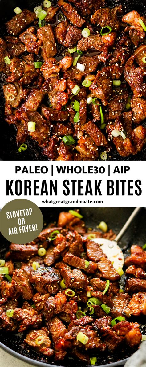These whole30 steak bites are packed with tons of flavor and huge pops of healthy vitamins and minerals thanks to colorful sweet potatoes, bell peppers, green onions, and fresh cilantro. Paleo & Whole30 Korean Steak Bites - Stovetop or Air Fryer ...