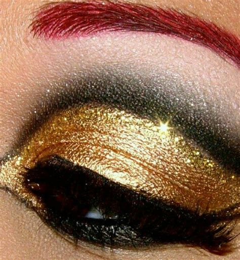 The blue and gold eye makeup looks you would use black cat eyeliner, black liner on the lower lash line and lots of black thick building mascara for this perfect eye makeup look. Black and gold | Sparkly makeup, Egyptian eye makeup, Makeup
