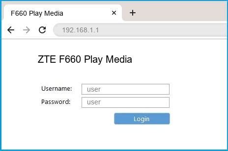 To get access to your zte f660, you need the ip of your device, the username and password. 192.168.1.1 - ZTE F660 Play Media Router login and password