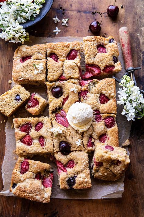 Spread about half of the cake batter in the bottom of a 9×13″ baking pan that has been sprayed with baking spray. Cherry Strawberry Streusel Cake. - Half Baked Harvest