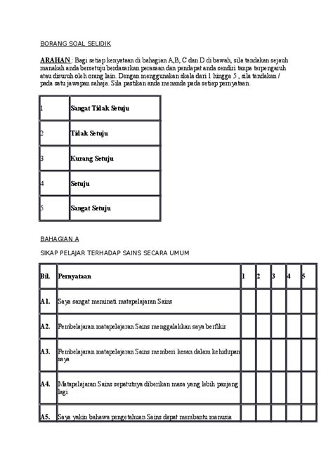 Punca masalah penulisan karangan dalam kalangan pelajar tingkatan 5 aliran sastera. Contoh Borang Soal Selidik Sains