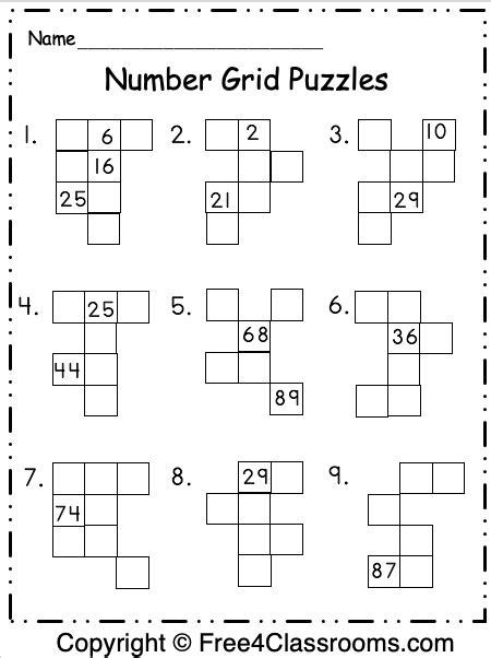 Number puzzles, spatial/visual puzzles, cryptograms, sudoku, kokuro, logic puzzles, and word games like frame games are. Number Grid Puzzles - Free4Classrooms