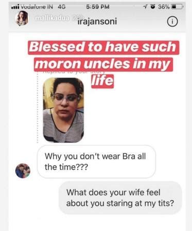 Mallika dua's parents vinod and chinna dua have been admitted to a gurgaon hospital for covid people are sharing mallika dua's old comments about 'bhakts' after she gets medical aid from bjp. 'What does your wife feel about you staring at my tits ...