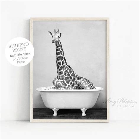 Baby shower greeting card with cute giraffe boy. Giraffe Bathtub Art Print Black and White Giraffe Bathing ...