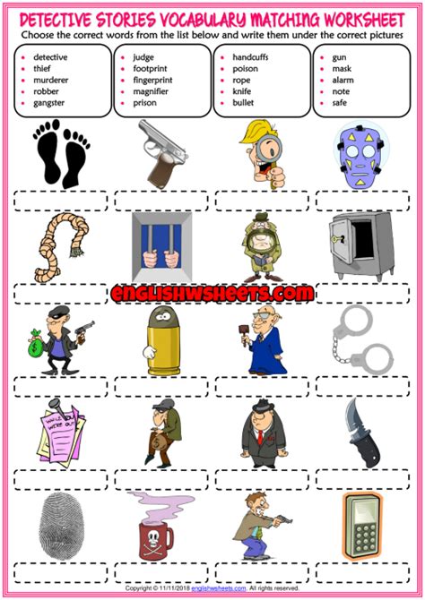 Fun games for esl teachers and students, powerpoint games, games for kids, printable board games and poker card games, interactive games and game templates for esl lesson plans. Detective Stories Vocabulary ESL Matching Exercise Worksheet