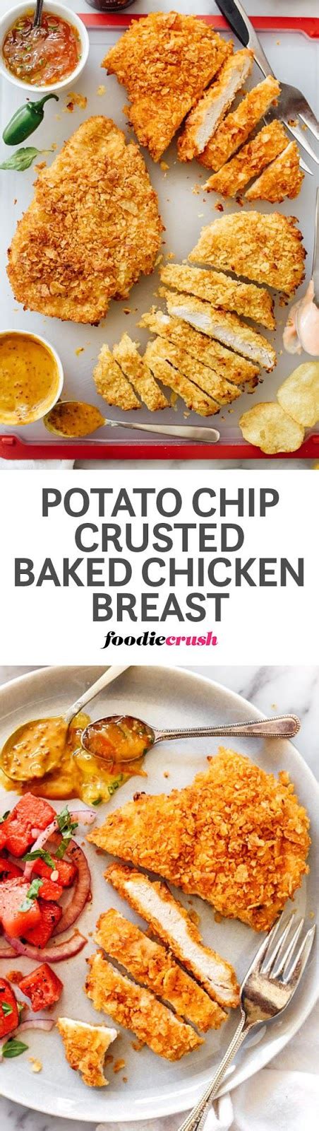 Place the chicken into the potato chips and press the chips all over the chicken on both sides. Potato Chip Crusted Chicken Breasts Recipe