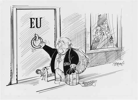 Anläßlich des gipfeltreffens zwischen bush und gorbatschow im september 1990 in helsinki wurde ein bild überreicht, das eine karikatur enthält: LeMO-Objekt: Karikatur von Walter Hanel zum EU-Beitritt ...