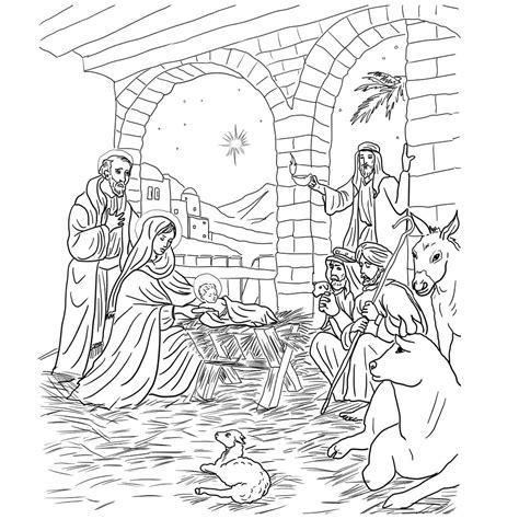 Kies en print een kleurplaat van een tafereel van het bijbelse kerstverhaal, de geboorte van jezus. Leuk voor kids - herders bij de kribbe