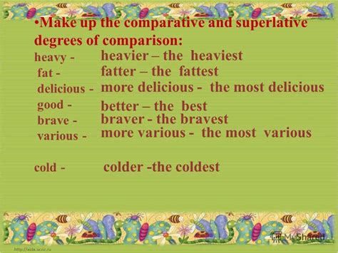 Değiştirdikleri iki nesne arasındaki farkı karşılaştırmak için kullanılır (daha. Презентация на тему: "Make up the comparative and ...