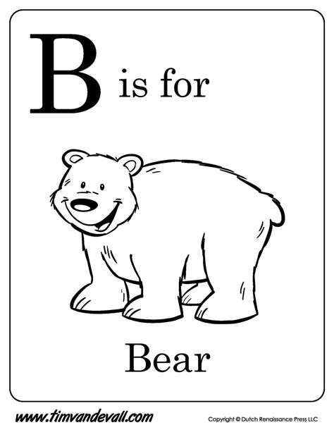 Free printable alphabet coloring pages (letters and numbers) with patterns for preschool, kids, and adults to colour! B-is-for-Bear-Printable - Tim's Printables