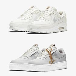 The air max 90 features creamy summit white leather uppers are decorated with a metallic silver swoosh, whilst the pixel adds a glossy grey sheen. Nike WMNS Air Max 90 and Air Force 1 Pixel Shoelery - TDD