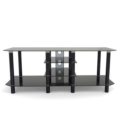 Cable management through the center column delivers a tidy appearance. Ryan Rove Salerno 60" Glass and Metal TV Stand in Black ...