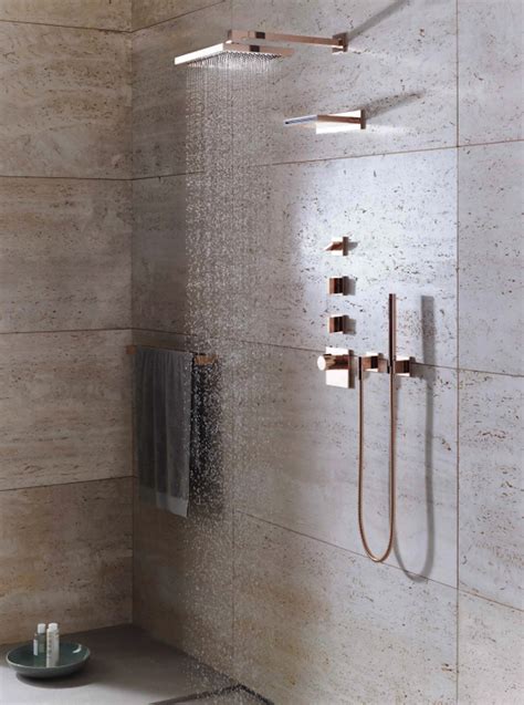 The long, narrow sink provides plenty of space for your morning. Luxury Bathrooms: Rose Gold is Design Trend
