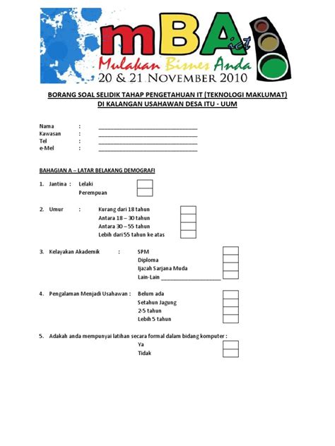 Kajian dilakukan di pasar raya cks papar. Borang Soal Selidik Tahap Pengetahuan It