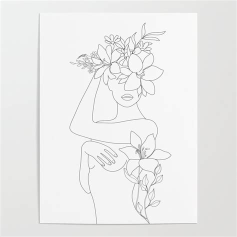 Flower line drawing free vector in adobe illustrator ai. Minimal Line Art Woman with Flowers VI Poster by nadja1 ...