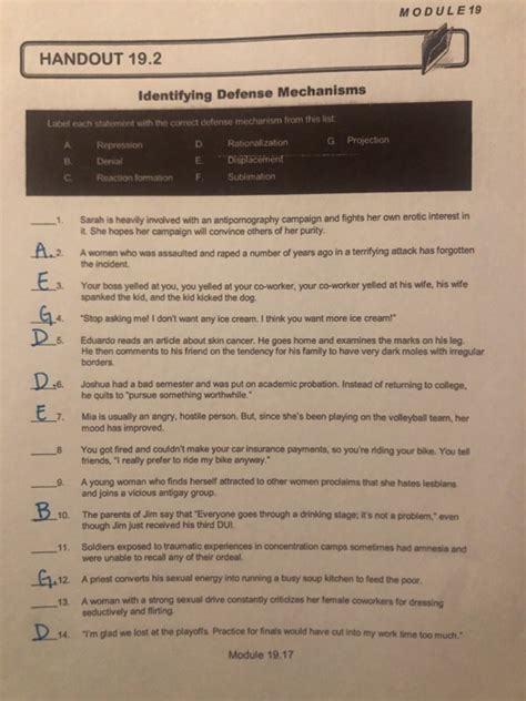 Find defense mechanisms lesson plans and teaching resources. Solved: MODULE 19 HANDOUT 19.2 Identifying Defense Mechani ...